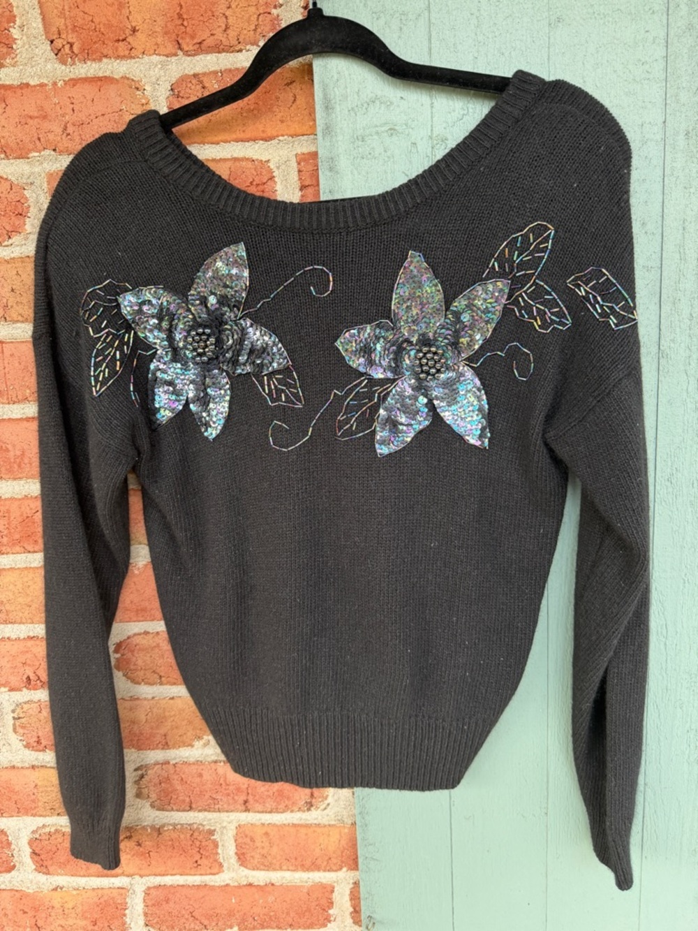 Vintage Amanda Smith Black Sweater Iridescent Floral Appliqués in silk angora